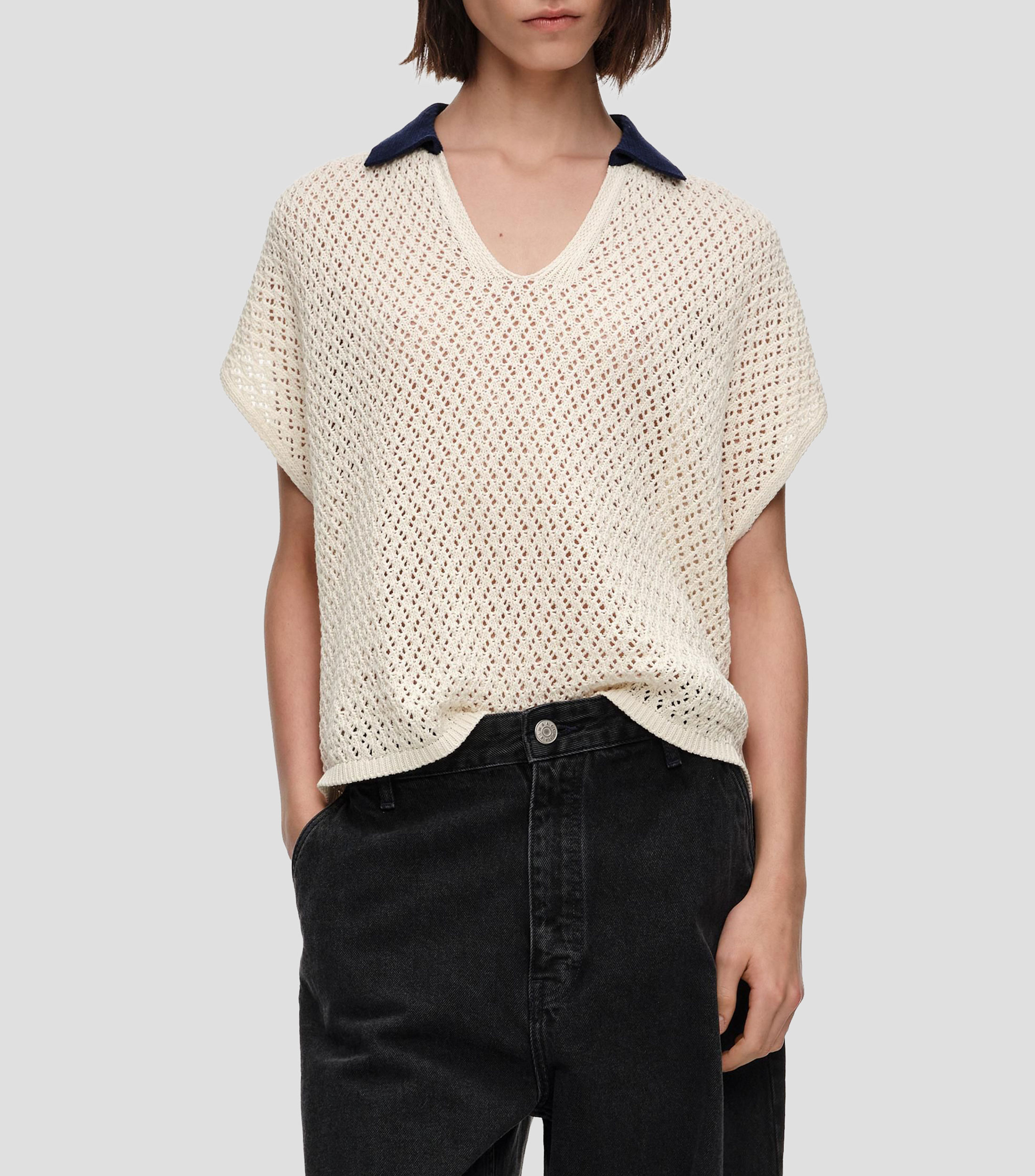 Suéter polo algodón calado marfil Mujer